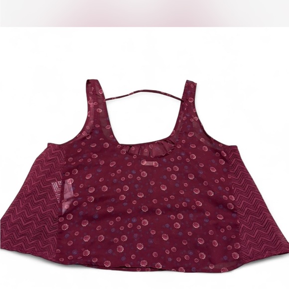 Burgundy Floral Tank Top Sleeveless Chevron Lace Trim Sheer Casual Blouse - Picture 5 of 5